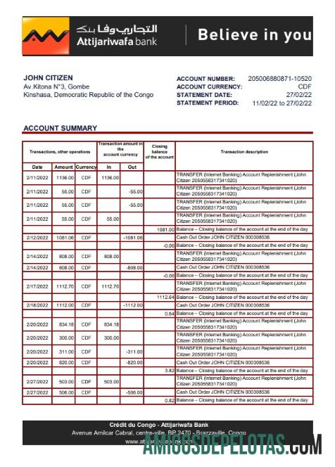 Congo Credit Du Congo Bank Statement Xls amostra